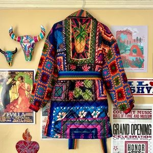 FARM Rio Patchwork Tapestry Crochet Puffer Jacket